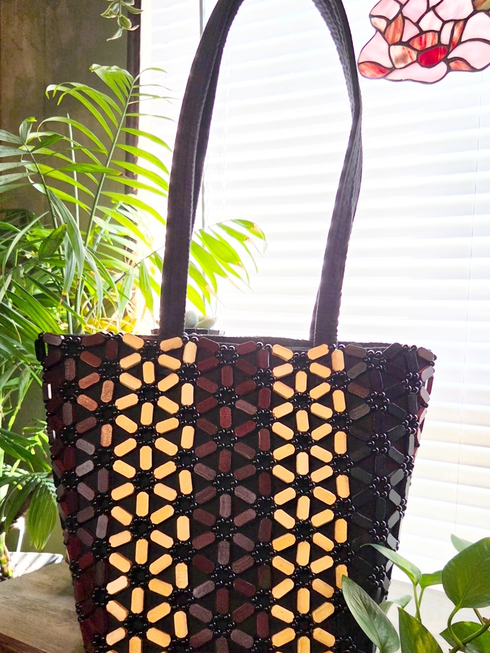 Boho Wood Bead Rigid Medium Tote Bag Fall Colors